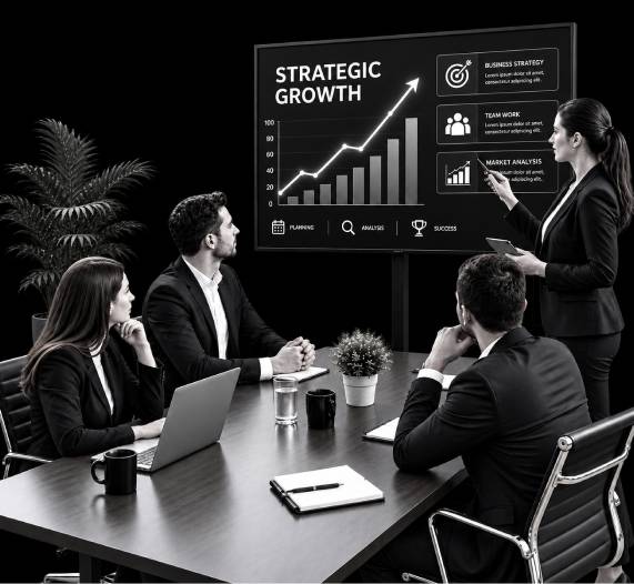 B2B Branding team presenting a strategic growth plan to a client